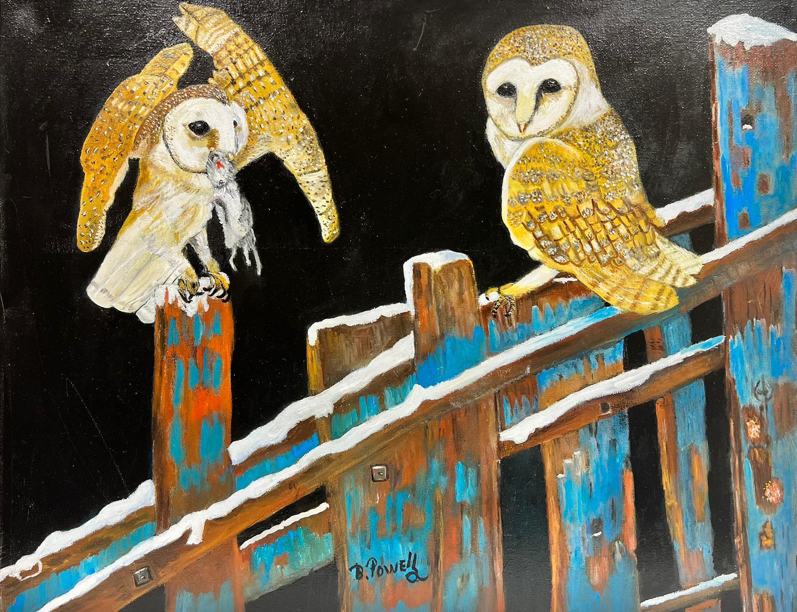 Ben Powell Landscape Painting - Contemporary British Acrylic Painting 2 Owls on old Wooden Fence