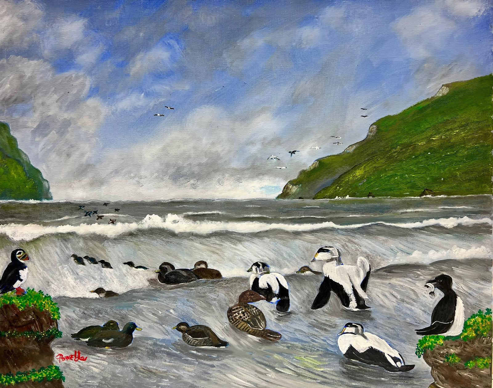 Ben Powell Landscape Painting - Contemporary British Acrylic Painting Birds looking for Fish in Sea
