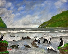Contemporary British Acrylic Painting Birds looking for Fish in Sea