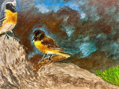 Contemporary British Acrylic Painting Blue Tit and Yellow Breasted Chat Bird