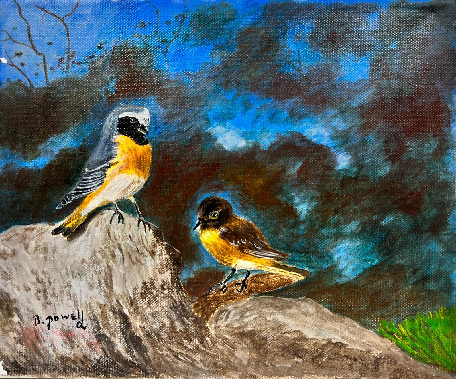 Ben Powell Animal Painting - Contemporary British Acrylic Painting Blue Tit and Yellow Breasted Chat Bird