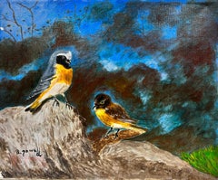 Contemporary British Acrylic Painting Blue Tit and Yellow Breasted Chat Bird