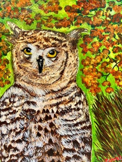 Contemporary British Acrylic Painting Brown Owl Bird in Woodland