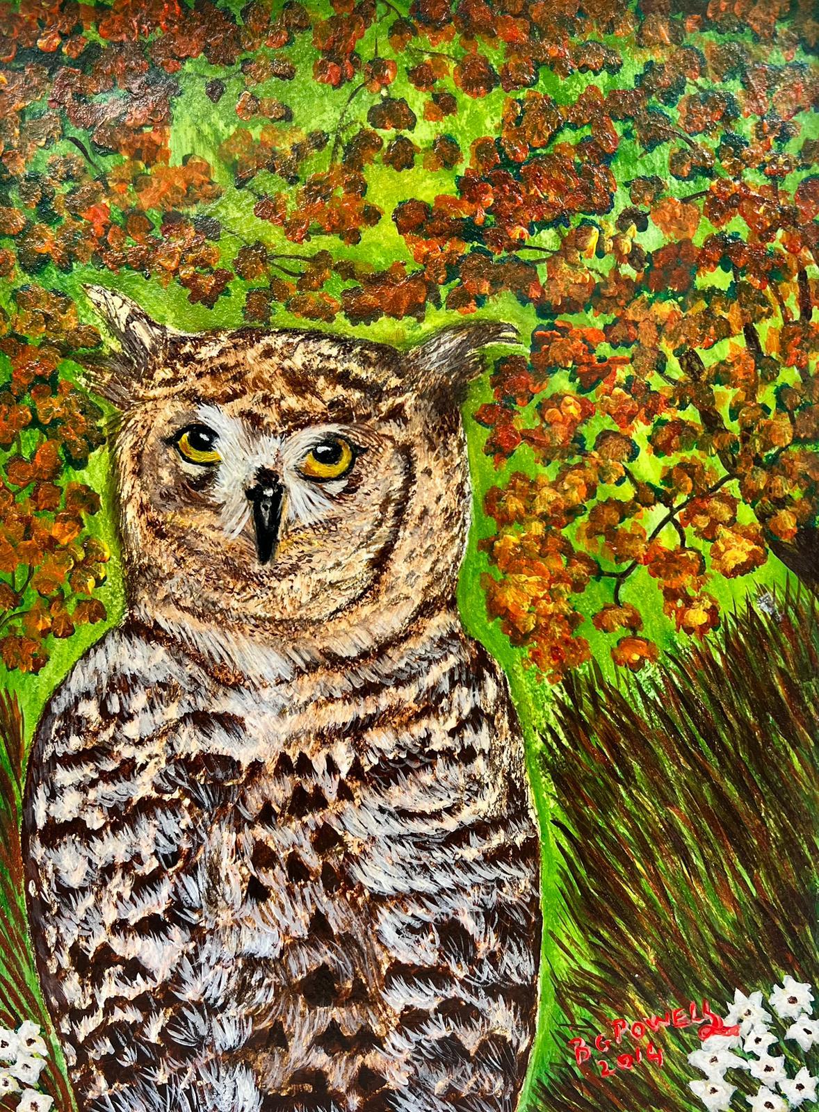 Ben Powell Landscape Painting - Contemporary British Acrylic Painting Brown Owl Bird in Woodland