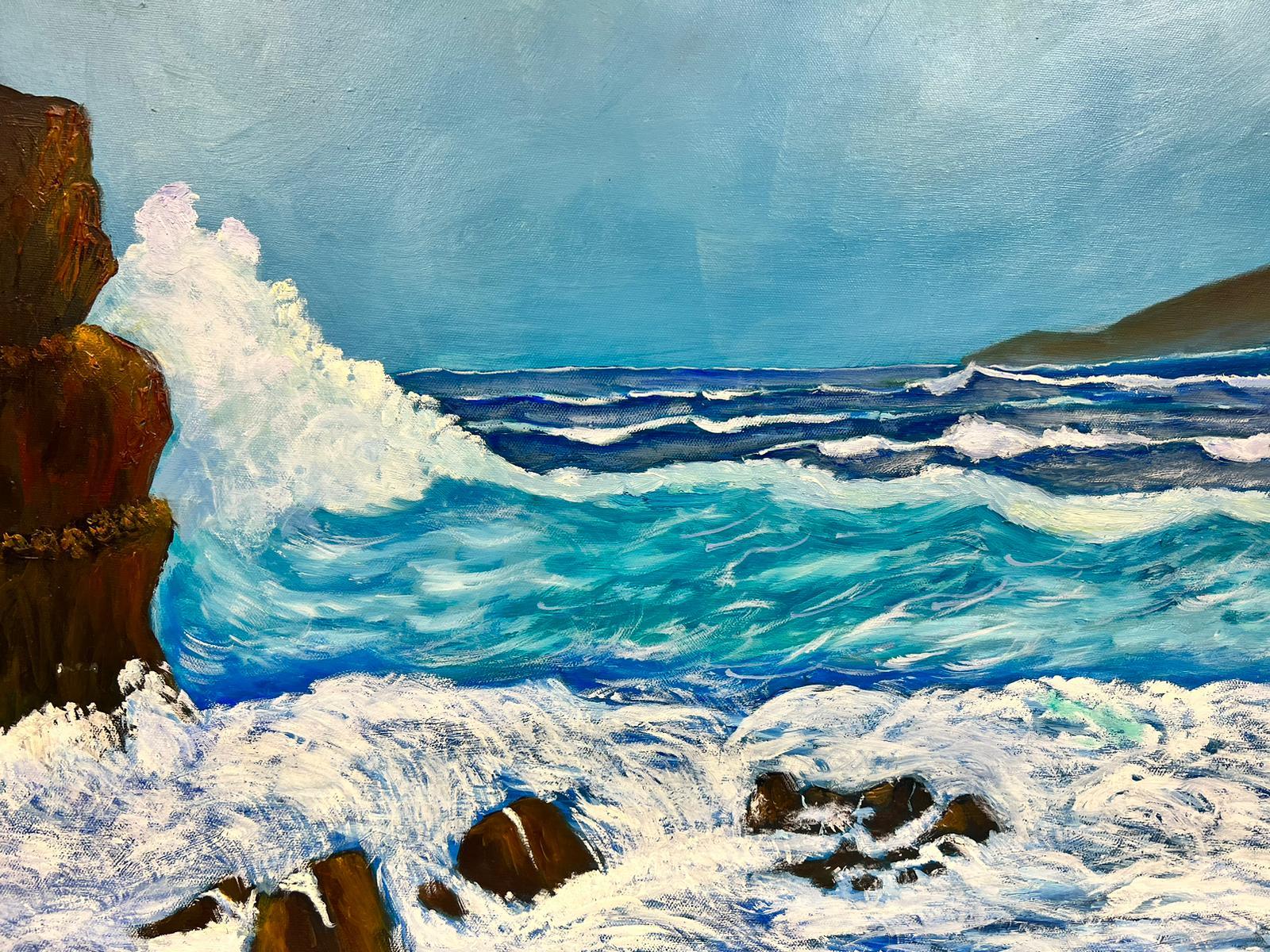 Pintura acrílica británica contemporánea Olas rompientes Gran paisaje marino Costa en venta 1