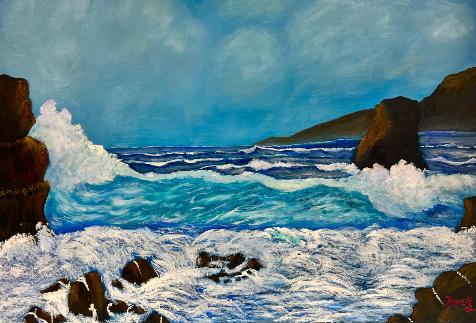 Ben Powell Landscape Painting – Zeitgenössisches britisches Acrylgemälde Crashing Waves, Große Meereslandschaft, Coastline