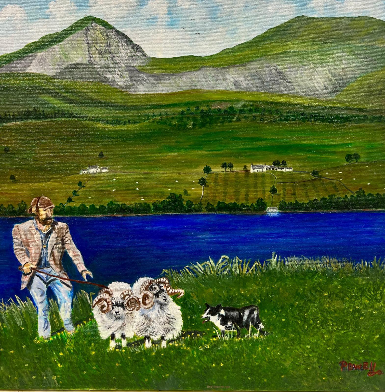 Ben Powell Landscape Painting - Contemporary British Acrylic Painting Dhepherd with Sheep Scottish Highlands