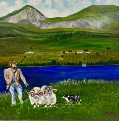 Contemporary British Acrylic Painting Dhepherd with Sheep Scottish Highlands