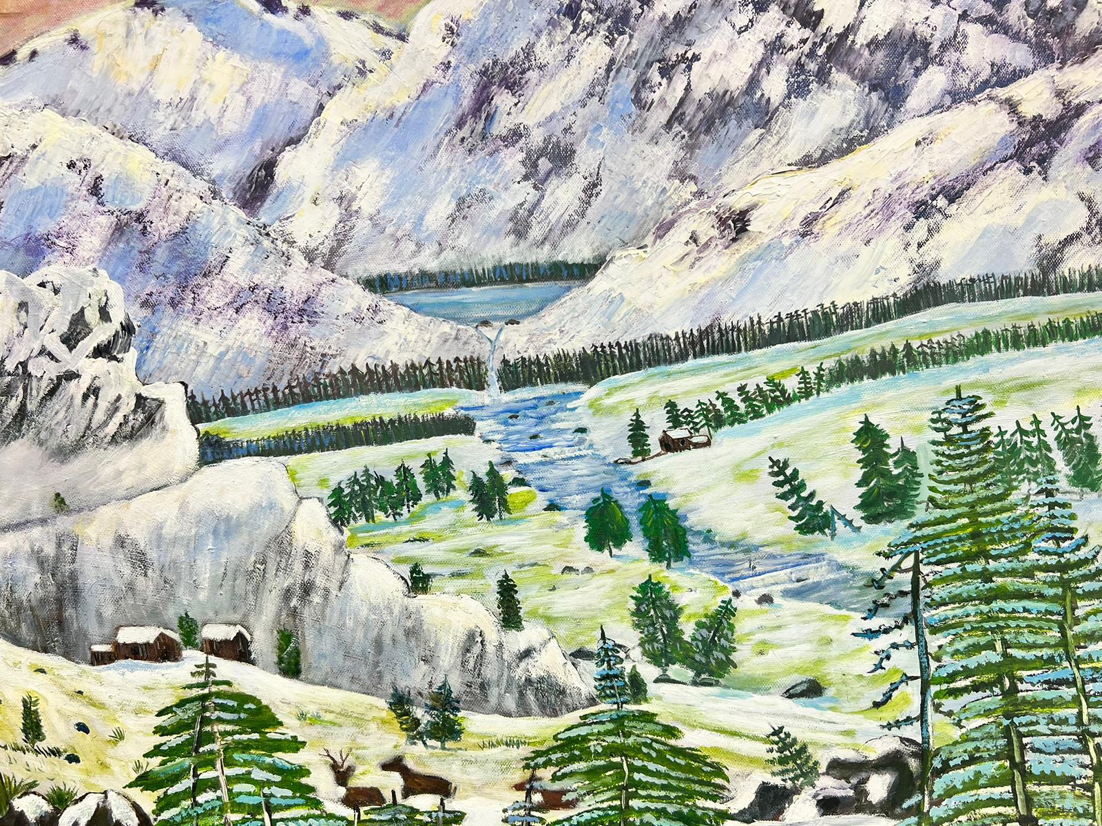 Pintura acrílica británica contemporánea Familia de ciervos/ venados en el invierno de las Tierras Altas - Landscape Painting Gris de Ben Powell