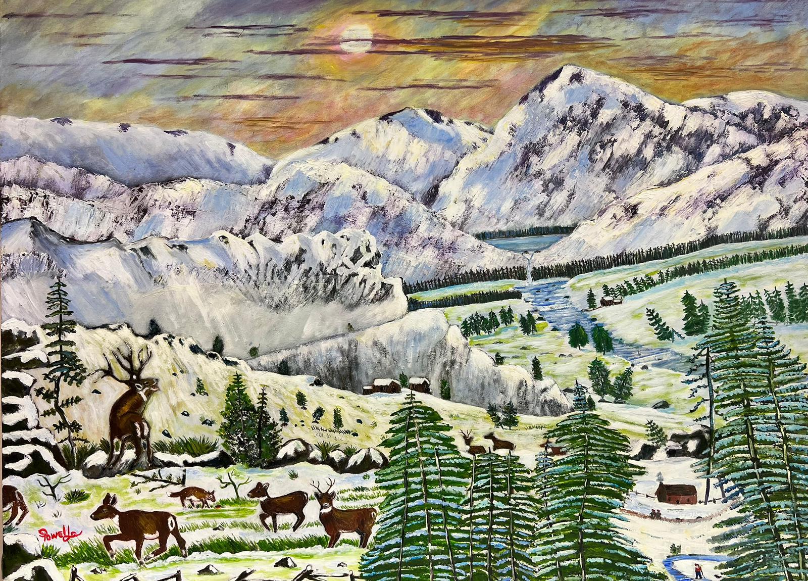 Peinture à l'acrylique contemporaine britannique Famille de cerfs/ chevreuils en hiver dans les Highlands 