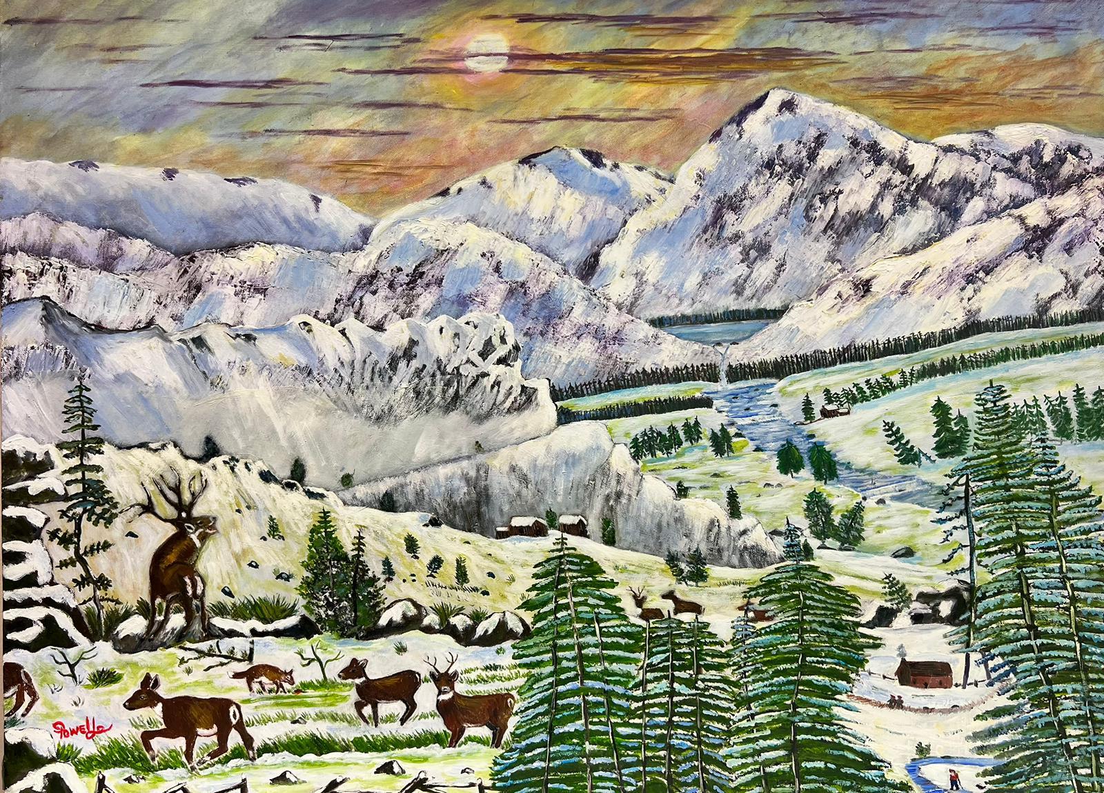 Landscape Painting de Ben Powell - Pintura acrílica británica contemporánea Familia de ciervos/ venados en el invierno de las Tierras Altas