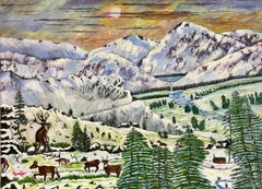 Contemporary British Acrylic Painting Family of Deer/ Stags in Highland Winter