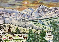 Peinture à l'acrylique contemporaine britannique Famille de cerfs/ chevreuils en hiver dans les Highlands 