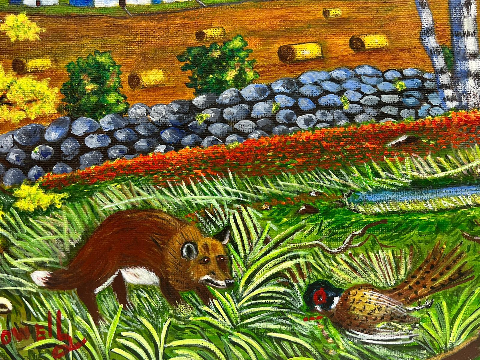 Zeitgenössisches britisches Acrylgemälde, Bauernlandschaft, Fuchs Chasing Pheasants – Painting von Ben Powell