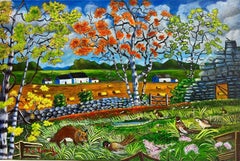 Zeitgenössisches britisches Acrylgemälde, Bauernlandschaft, Fuchs Chasing Pheasants