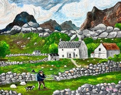 Contemporary British Acrylic Painting Farmer and Sheep Dog