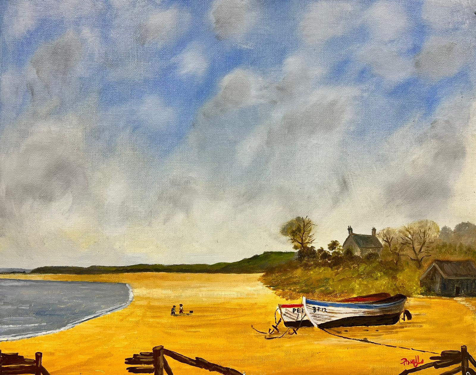 Ben Powell Landscape Painting - Contemporary British Acrylic Painting Figures & Boats on Sandy Beach Shore