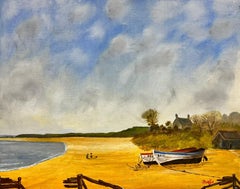 Contemporary British Acrylic Painting Figures & Boats on Sandy Beach Shore