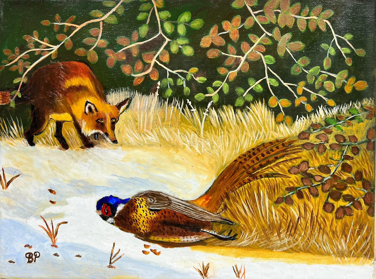 Ben Powell Animal Painting - Contemporary British Acrylic Painting Fox and Pheasant Woodland