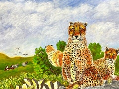 Contemporary British Acrylic Painting Leopard Family in Landscape