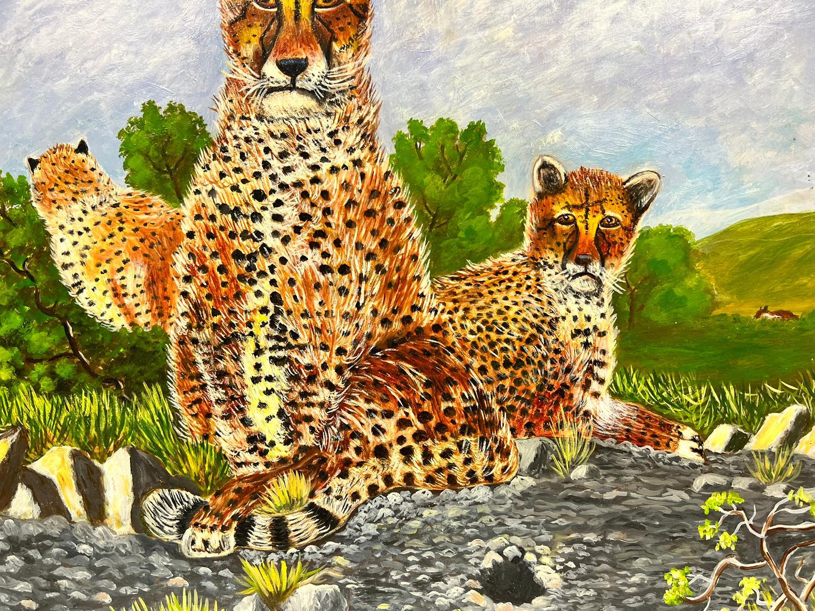 Contemporary British Acrylic Painting Leopard Family in Landscape  For Sale 1