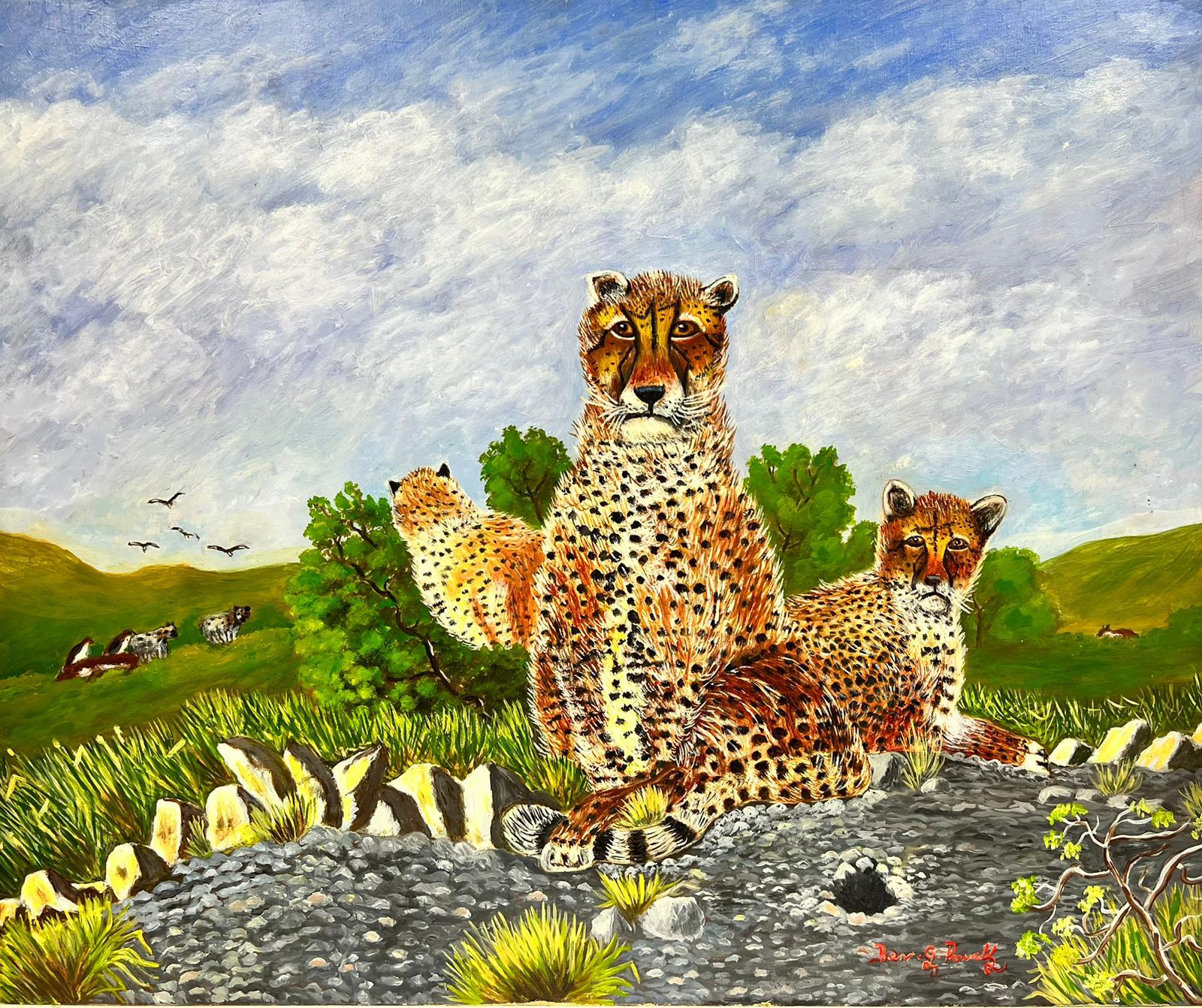 Ben Powell Landscape Painting - Contemporary British Acrylic Painting Leopard Family in Landscape 