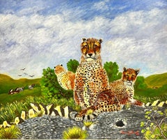 Contemporary British Acrylic Painting Leopard Family in Landscape 