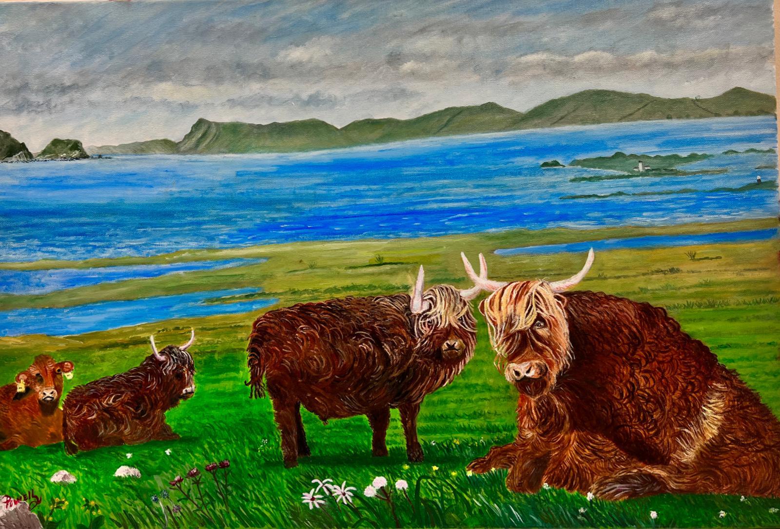 Ben Powell Animal Painting - Contemporary British Acrylic Painting Long Horned Highland Cattle Scotland