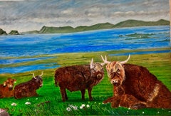 Zeitgenössisches britisches Acrylgemälde, langes Hornfell, Highland Cattle, Schottland