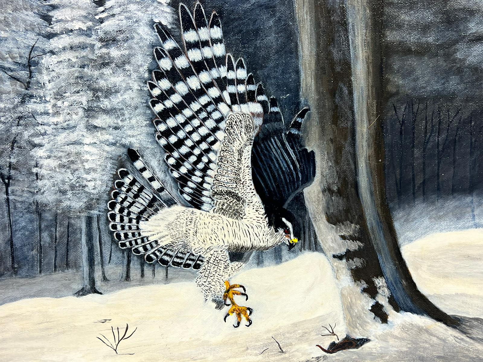 Contemporary British Acrylic Painting Northern Goshawk In The Snow For Sale 3