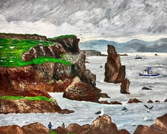 Peinture acrylique britannique contemporaine Littoral rocheux Paysage marin avec des pêcheurs à la ligne