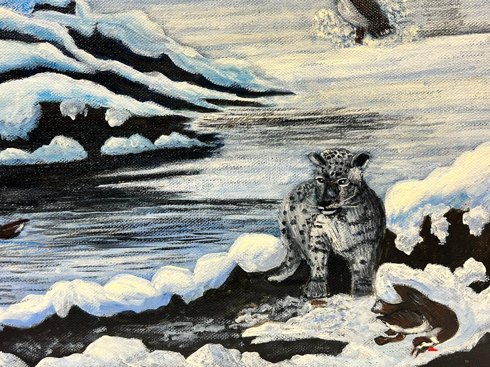 Pittura acrilica britannica contemporanea Leopardi delle nevi in un paesaggio artico in vendita 1