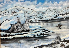 Peinture acrylique britannique contemporaine Léopards des neiges dans un paysage arctique