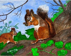 Contemporary British Acrylic Painting Squirrel Mother and baby in woodland