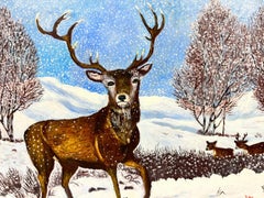 Contemporary British Acrylic Painting Stag In The Snow