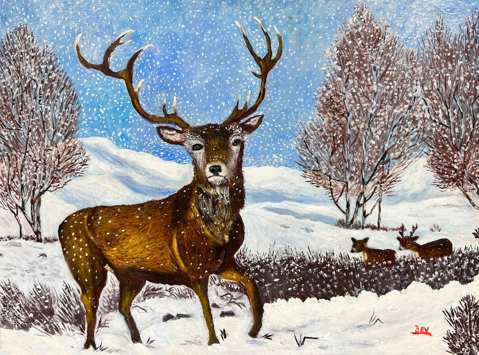 Zeitgenössisches britisches Acrylgemälde „Der Hirsch im Schnee“