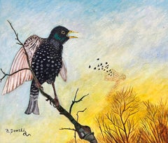 Contemporary British Acrylic Painting Starling Bird in Tree signed