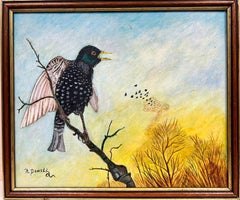 Peinture acrylique britannique contemporaine d'un oiseau étoilé dans un arbre signée 