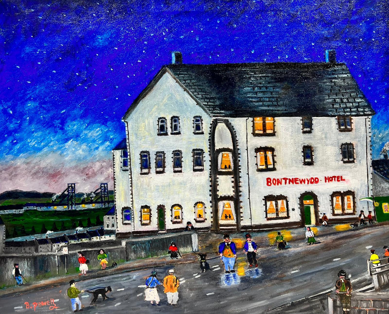 Ben Powell Figurative Painting - Contemporary British Acrylic Painting Starry Night Welsh Hotel