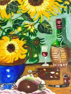 Pintura acrílica británica contemporánea Girasoles en jarrón