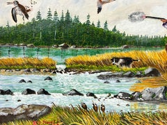 Contemporary British Acrylic Painting Wildfowler Duck Shooting in Landscape