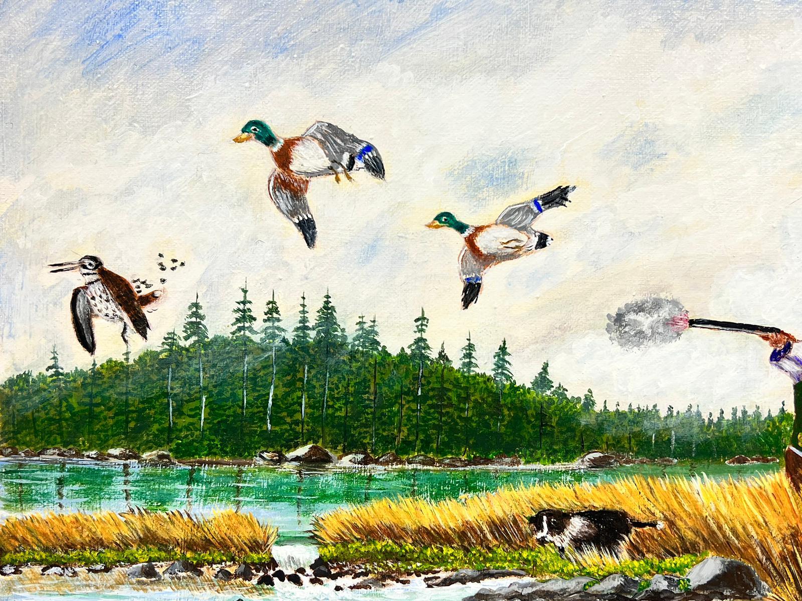 Peinture acrylique britannique contemporaine représentant un canard chasseur de chasse dans un paysage - Moderne Painting par Ben Powell