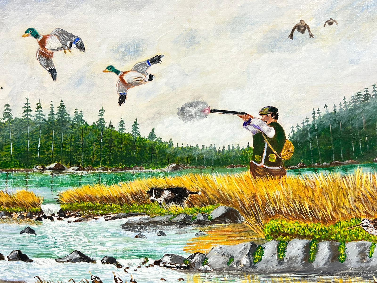 Duck Shooting
by Ben George Powell, British contemporary artist
signed 
acrylic on canvas, unframed
canvas: 15 x 20 inches
provenance: private collection of this artists work, UK
The painting is in very good and presentable condition.
