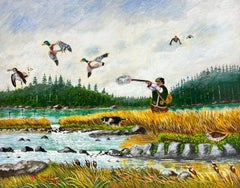 Contemporary British Acrylic Painting Wildfowler Duck Shooting in Landscape