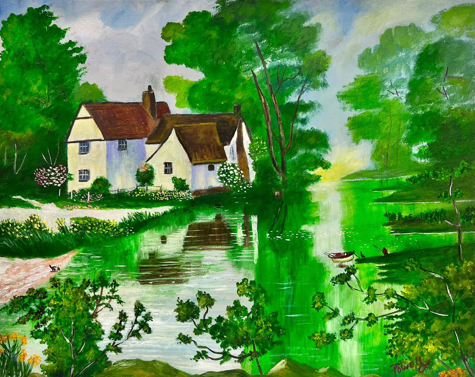 Ben Powell Landscape Painting – Zeitgenössisches britisches Acrylgemälde, Willy Lots, Cottage Flatford Mill 