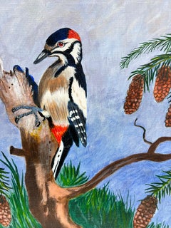 Zeitgenössisches britisches Acrylgemälde, Holzpecker-Vogel auf Kiefernholzkegelbaum