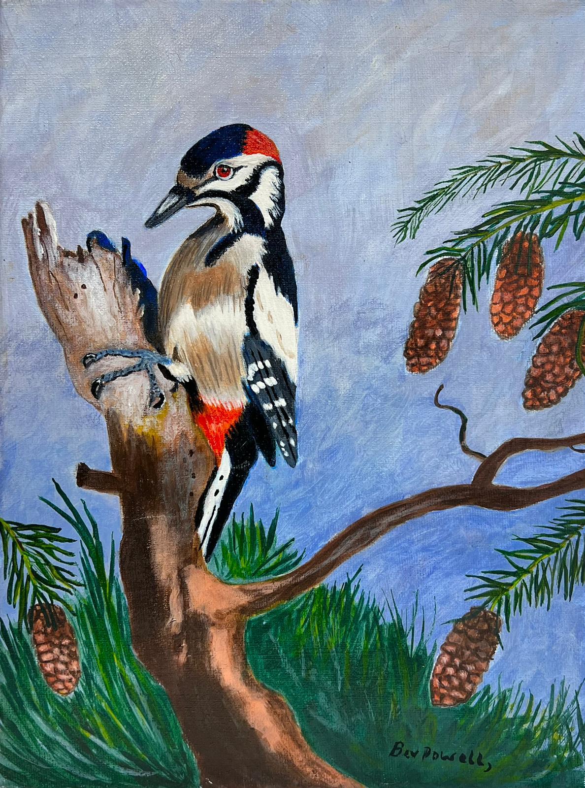 Ben Powell Animal Painting - Contemporary British Acrylic Painting Woodpecker Bird on Pine Cone Tree