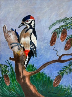 Zeitgenössisches britisches Acrylgemälde, Holzpecker-Vogel auf Kiefernholzkegelbaum