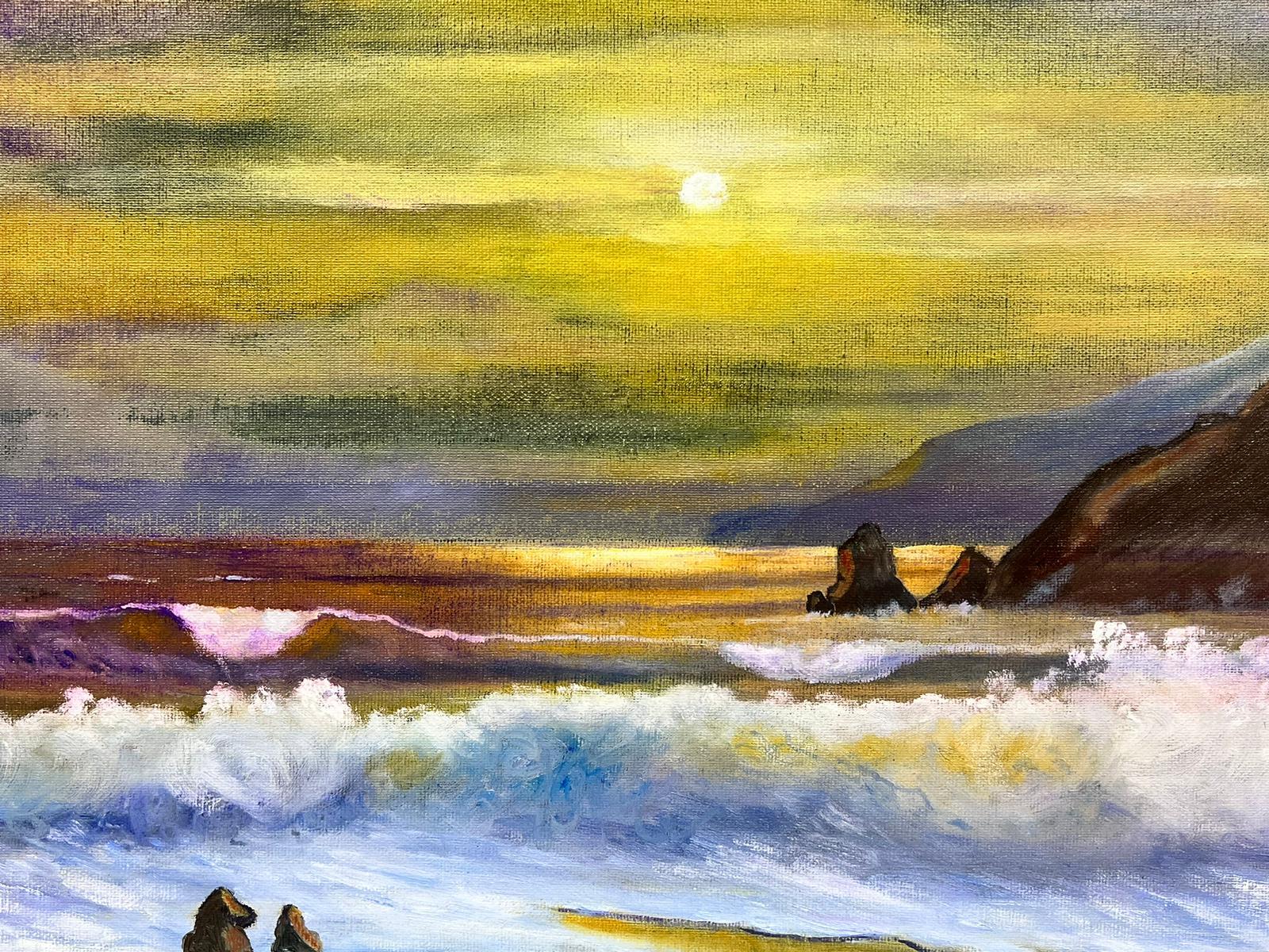 Peinture acrylique Contemporary British Acrylic Painting Yellow Sunrise over Sea Rocky Coastline (Lever de soleil sur la mer et la côte rocheuse) en vente 1