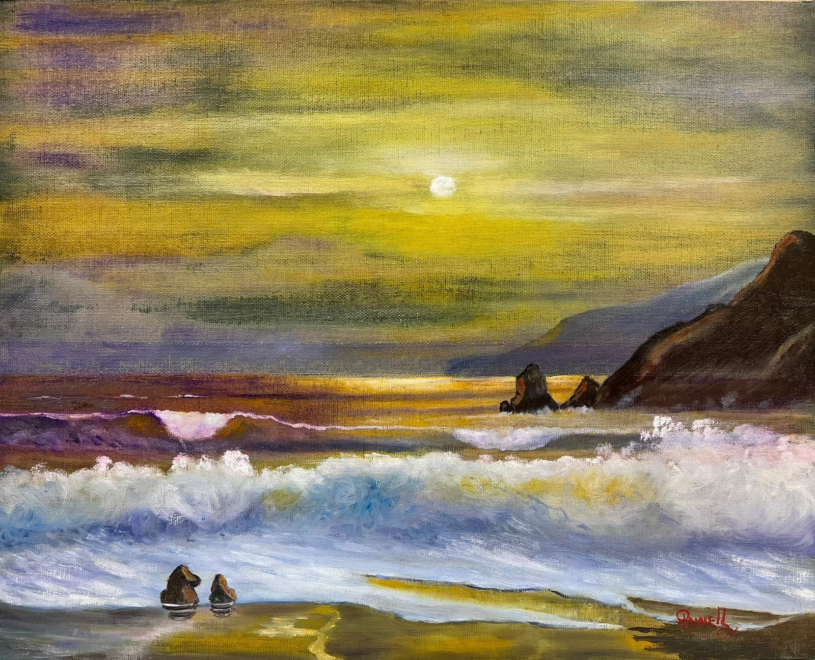 Landscape Painting Ben Powell - Peinture acrylique Contemporary British Acrylic Painting Yellow Sunrise over Sea Rocky Coastline (Lever de soleil sur la mer et la côte rocheuse)